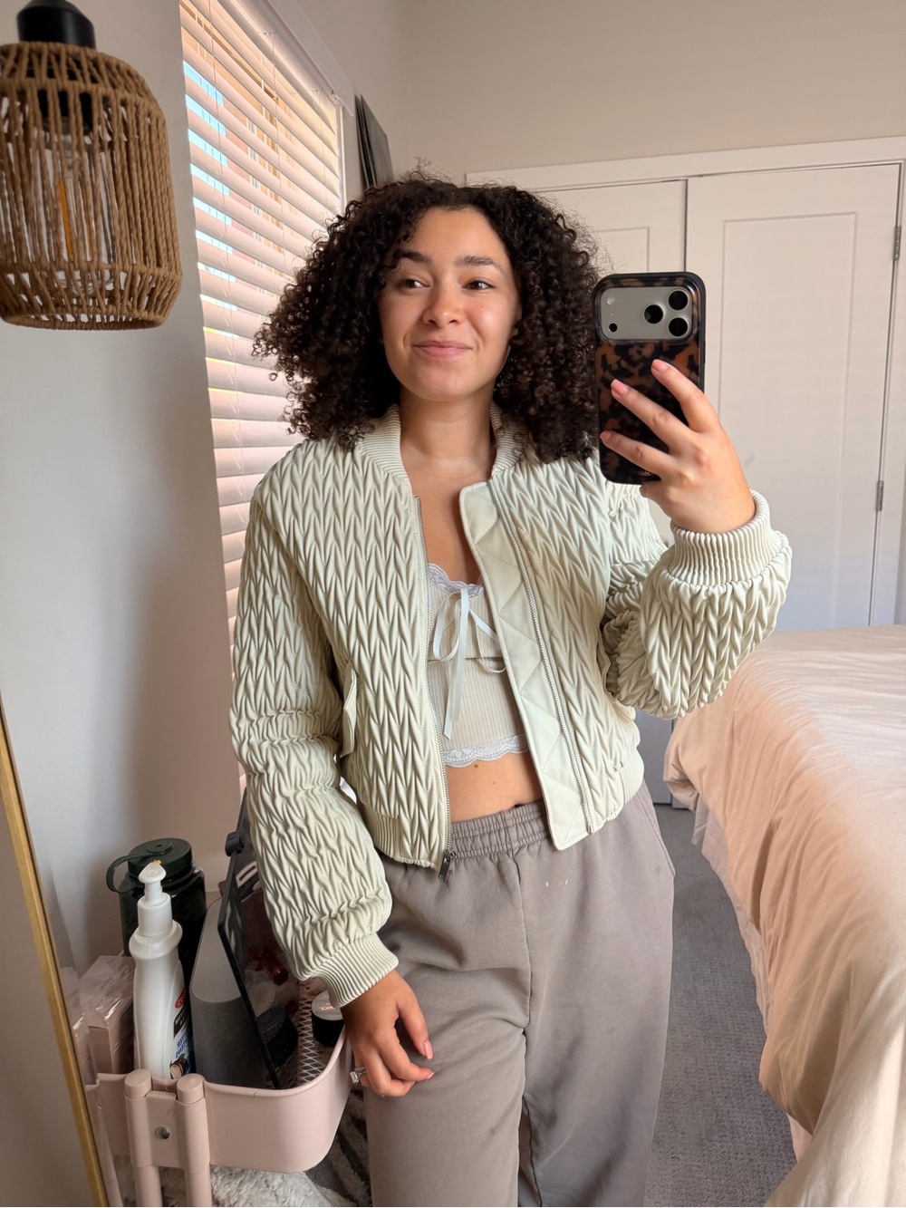 Mango Light Sage Quilted Bomber Jacket